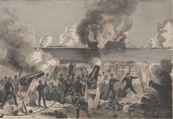 In the foreground of this color engraving, a line of soldiers in dark uniforms operates large cannons behind a fortification made of sandbags and barrels. In the distance across the water, thick plumes of dark smoke and fire erupt from the stone walls of Fort Sumter under a sky filled with the arched trails of flying mortar shells.