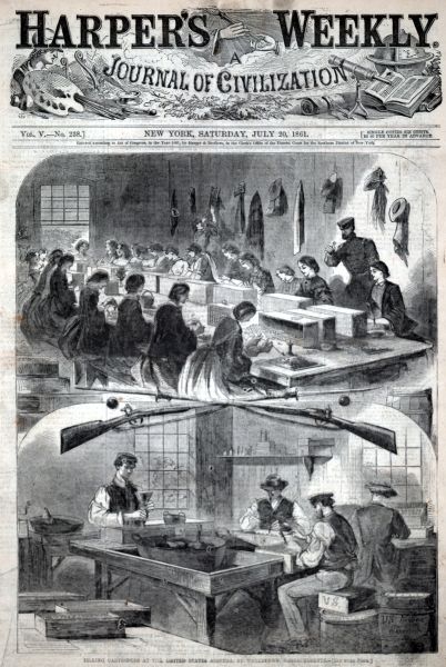 This black-and-white cover from Harper's Weekly features two illustrations of workers assembling ammunition at the United States Arsenal in Watertown, Massachusetts. The top scene shows rows of women at long tables filling cartridges, while the bottom scene shows men working with large vats and wooden boxes.