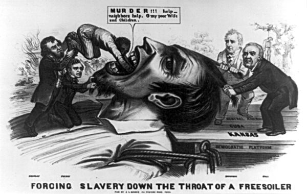 This black-and-white political cartoon depicts several men holding back a "Free Soiler" while others shove a small Black man into his open mouth. In the background, a building burns on the left and a person hangs from a tree on the right, while the caption at the bottom reads, "Forcing Slavery Down the Throat of a Freesoiler."