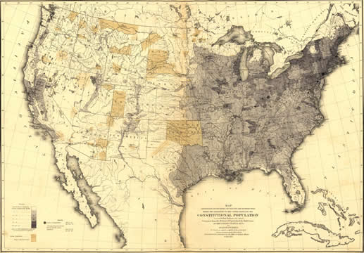 a map showing where people lived in the US in 1870, Indian Territory is also marked