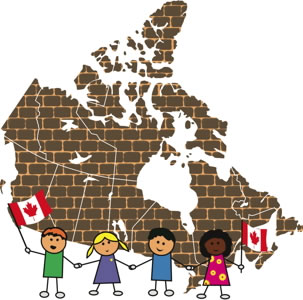 drawing of kids in front of a map of Canada