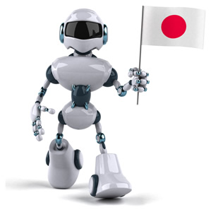 robot holding a Japanese flag