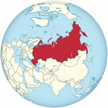 Russia on a world globe