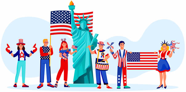 cartoon of people dressed in costume with red, white, and blue stars and stripes, with American flags and the Statue of Liberty