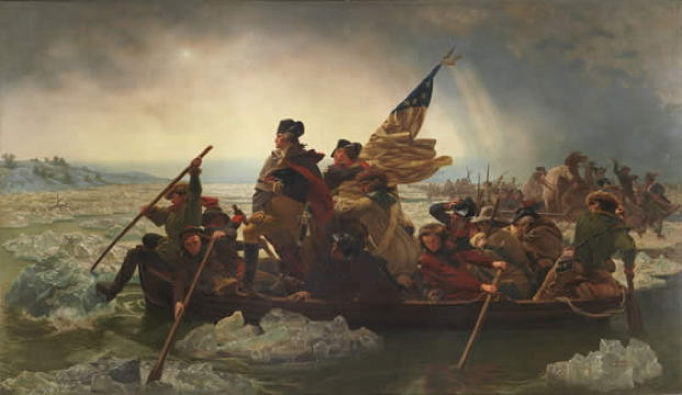 painting of George Washington and soldiers rowing across river rapids; one soldier is holding an American flag