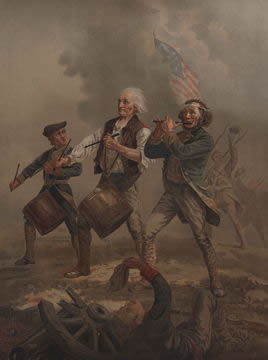 a fife and drum trio marching in battle, with American flag flying in background