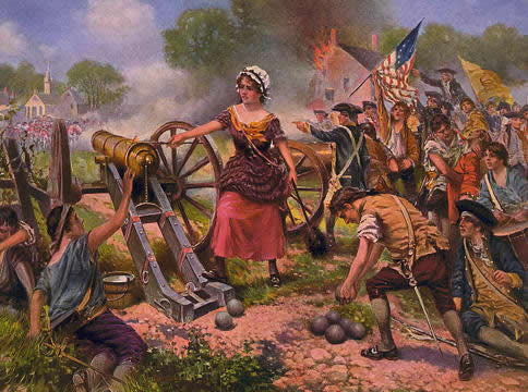 A woman firing a cannon, with American revolutionary soldiers behind her