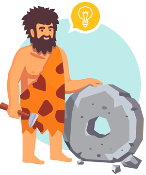 cartoon of a caveman carving a wheel from stone