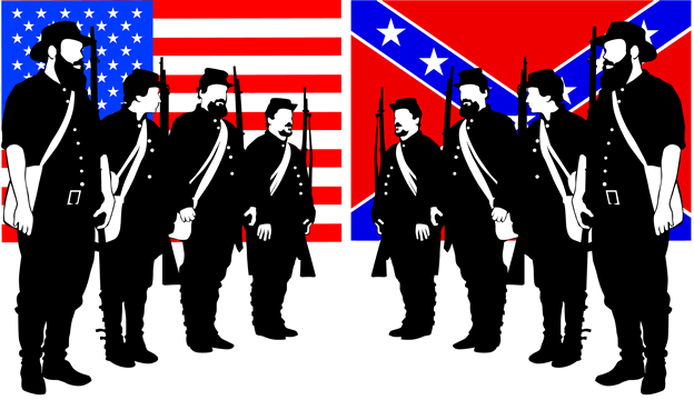 U.S. flag and Confederate flag with two groups of soldiers