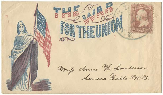 An old envelope from Civil War times with lady Columbia holding a U.S. flag and the text “The War for the Union” on it, addressed to someone in Seneca Falls, N.Y. and bearing a 3-cent stamp