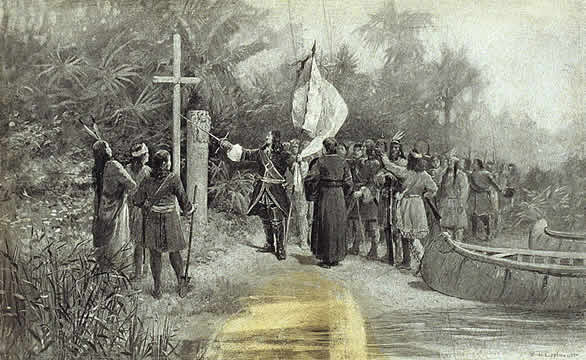 an explorer holding a flag and sword, pointing to a wooden cross and claiming new lands in the name of king and Christianity; Native Americans watch