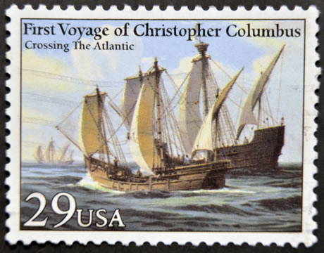 American postage stamp showing the First Voyage of Christopher Columbus, captioned “Crossing the Atlantic”