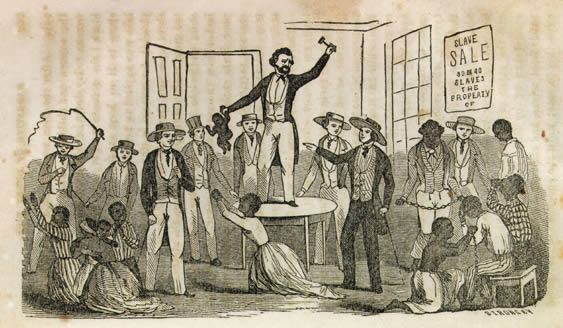 illustration showing a colonist auctioning off an African baby while its mother pleads for help; other slaves are shown in chains and one is being whipped; colonists are bidding on the baby