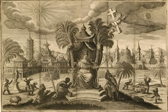 A crowned woman sitting on a throne receives visitors from around the world; an angel holding a cross looks down from heaven