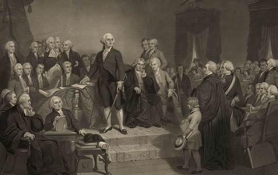 George Washington on a platform, speaking to a group of men
