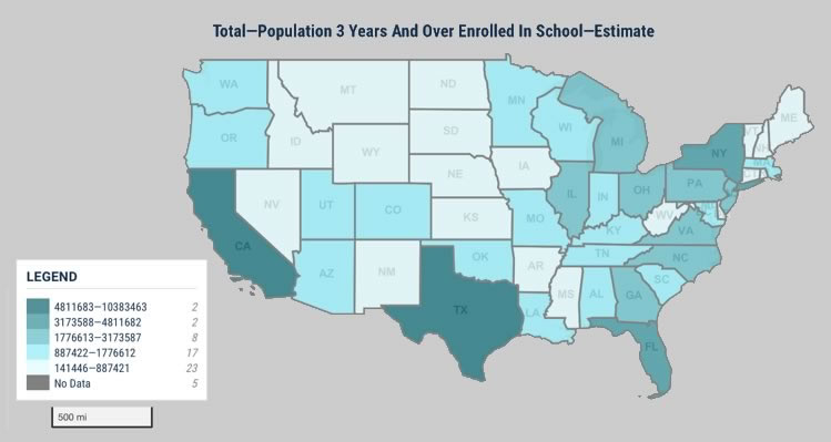 A thematic map of the United States showing the total population