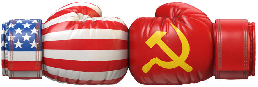 two boxing gloves hitting each other, one decorated with the American flag and one with the Soviet flag
