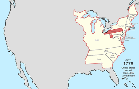 animated map showing territorial expansion across the United States from July 4, 1776 to July 4, 1800