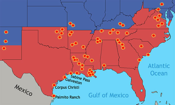 areas where there were battles in the Civil War