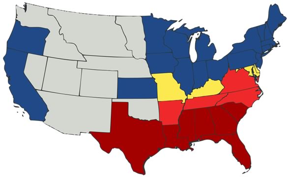 map of the U.S. with states color-coded
