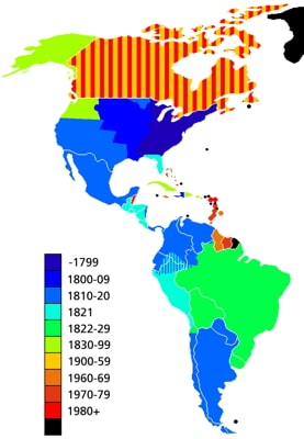 a map of the Americas showing when each colony gained independence