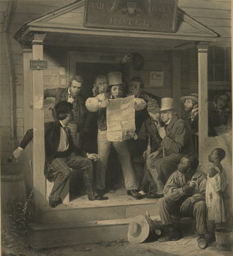 print of a group of men on a porch reading the newspaper together