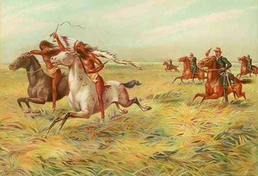 painting of Anglos in uniforms chasing Indians, everyone is on horses