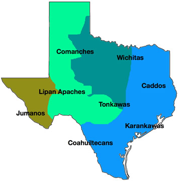 Texas map showing the locations of eight major tribes
