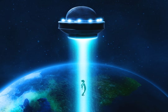 an illustration of a UFO above earth, beaming up a space alien