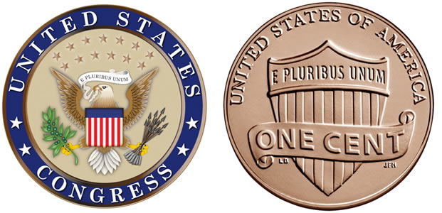 the official seal of the U.S. Congress, with the eagle and the motto “E. Pluribus Unum”; the back of a penny also with the text of this motto