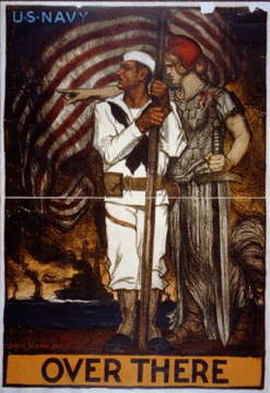 Poster showing a sailor being sent to battle by a symbolic female figure, possibly Liberty