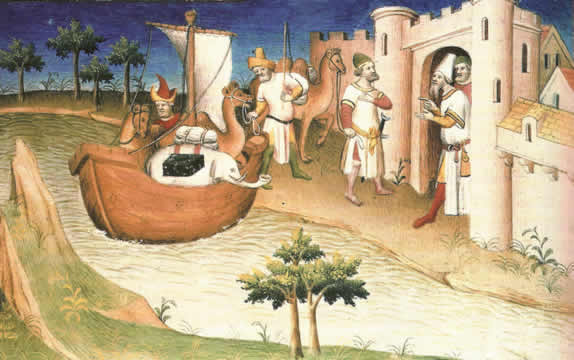 painting o f a boat holding large animals on the shore near buildings