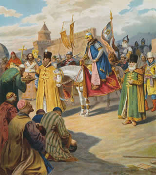 people bowing to a man on horseback