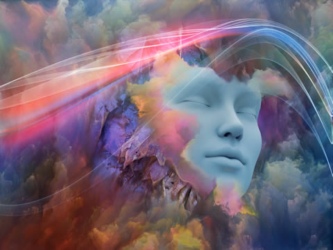 multi-colored smoke swirls around a face