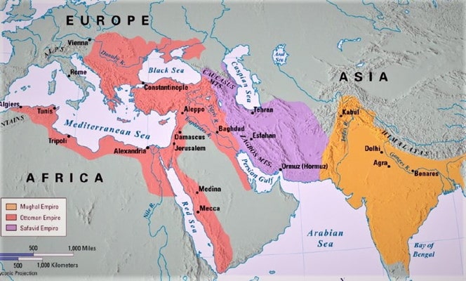 Map of the three empires spread across Europe, Africa, and Asia
