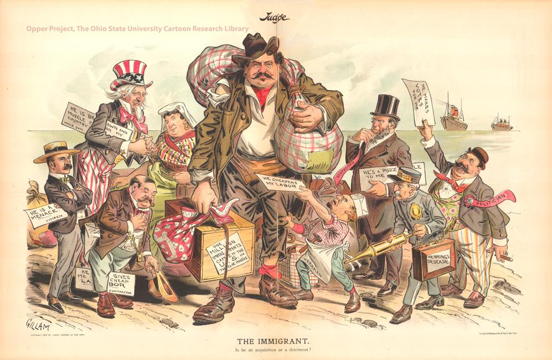 cartoon showing an immigrant surrounded by men, each with his own agenda, such as Uncle Sam looking for factory workers