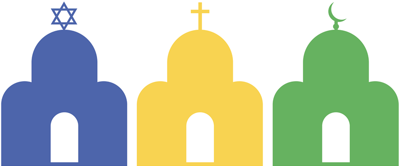 three archways, each decorated by a religious symbol