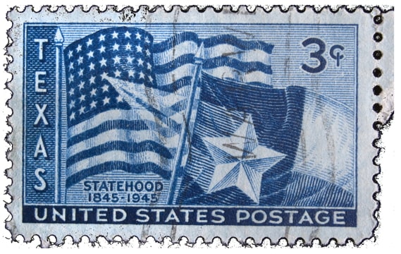 U.S. postage stamp of the Texas flag and the caption: Statehood 1845-1945