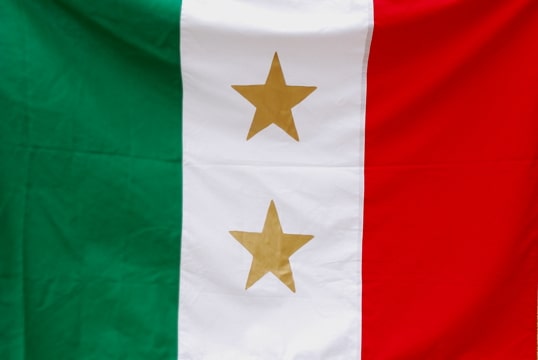 a flag with green, white, and red vertical stripes and two gold stars in the center
