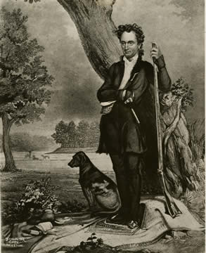 a portrait of Austin holding a rifle with a dog at this side