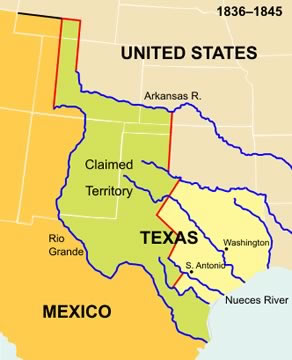 This map helps show why the United States and Mexico argued over the Texas border.