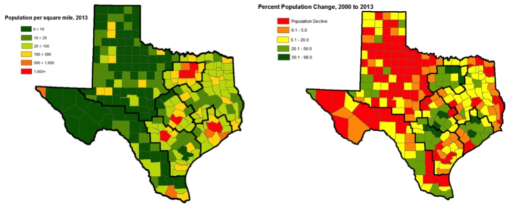 This image can help you see how large Texas cities grew and spread into nearby communities.