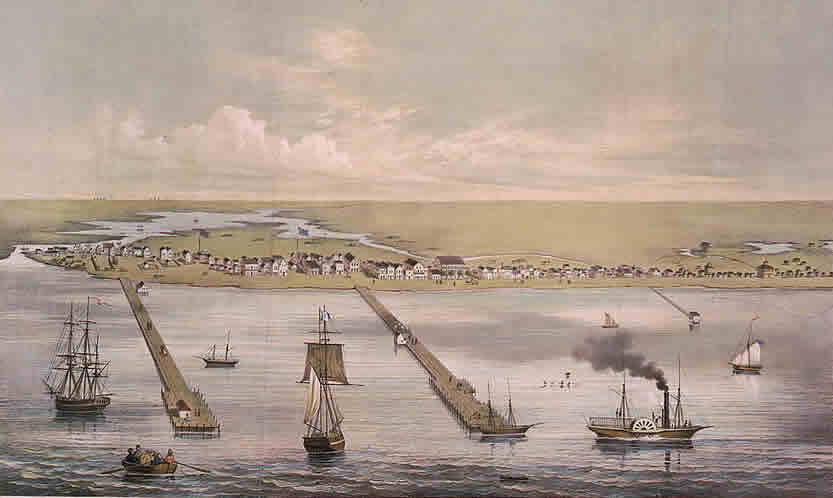print of ships entering the port of a small town