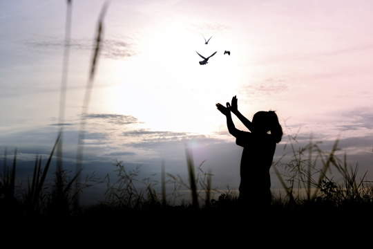 photo of a girl looking at birds flying in the sky; she is making wing shapes with her uplifted arms