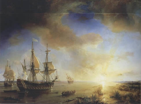 Old ships approaching land lit by sunrise