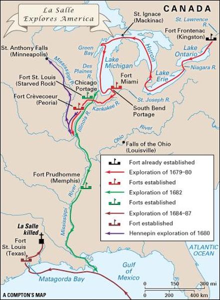 A map of the middle of North America with different colored lines drawn representing the routes taken by La Salle on his journeys. One colored route remains in the Great Lakes region, one colored route traces the majority of the Mississippi River, and one colored route appears in the Gulf of Mexico and ends in Texas.