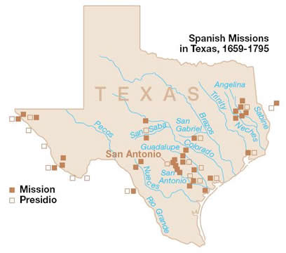 Map of the Spanish Missions in Texas, 1659–1795