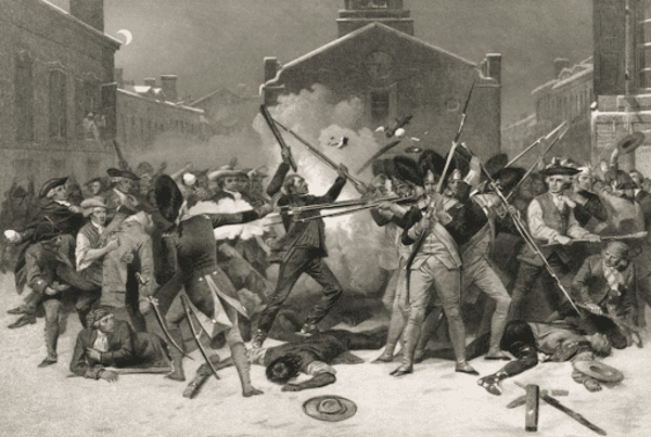A black-and-white engraving depicts a violent confrontation between British soldiers and a crowd of colonists on a snowy city street. The soldiers are shown firing their muskets at the unarmed crowd, with several people lying on the ground, representing a depiction of the Boston Massacre.