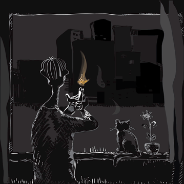 person and cat at darkened window with a candle