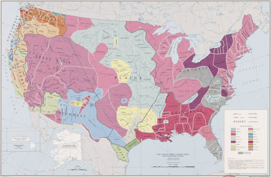 U.S. map showing the major locations of Native American tribes
